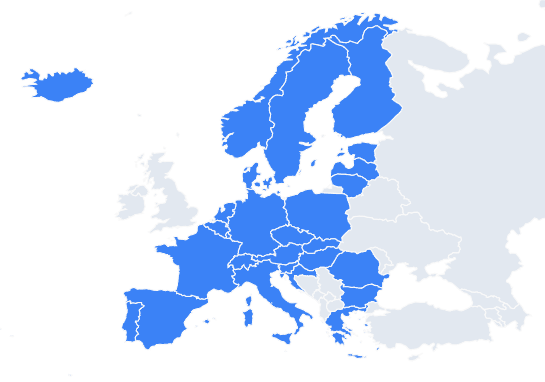 Map of the Schengen Area showing 29 member countries in blue